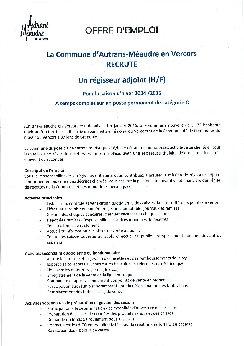 OFFRE D'EMPLOI REGISSEUR ADJOINT (H/F)