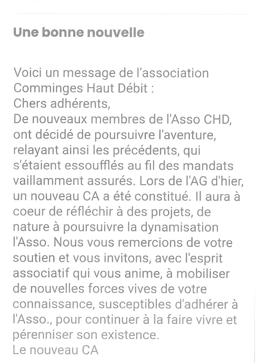 Voici un message de l'association Comminges Haut Débit