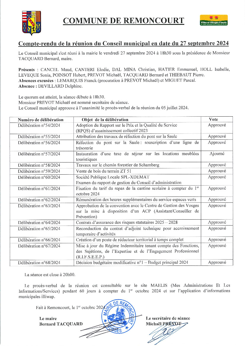 Compte-rendu de la réunion du Conseil municipal du 27/09