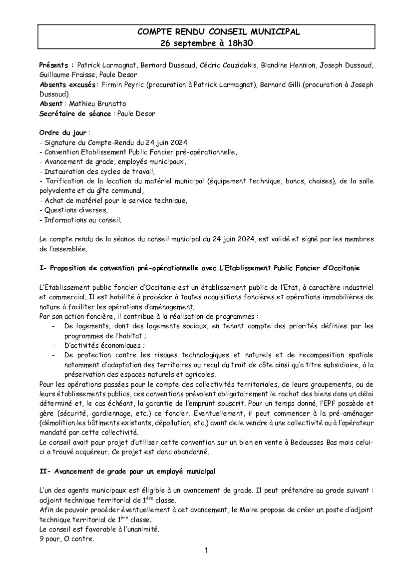 Compte rendu de la réunion de conseil municipal