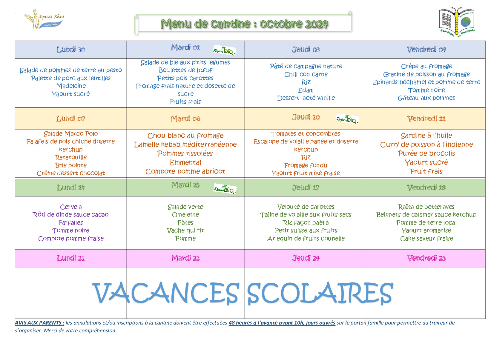 MENU CANTINE OCTOBRE 2024