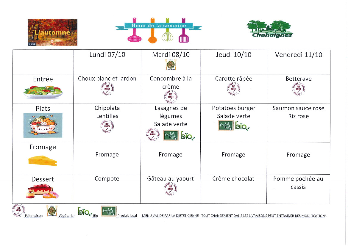 Menu cantine chahaignes