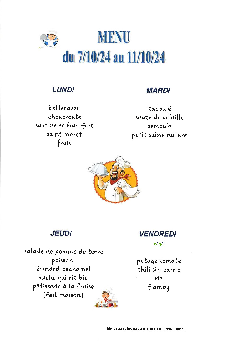 Menu de la cantine scolaire du 07/10 au 11/10/2024