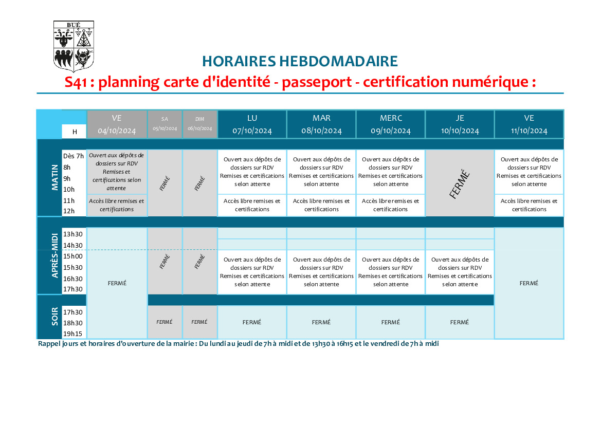 Planning d'ouverture S41