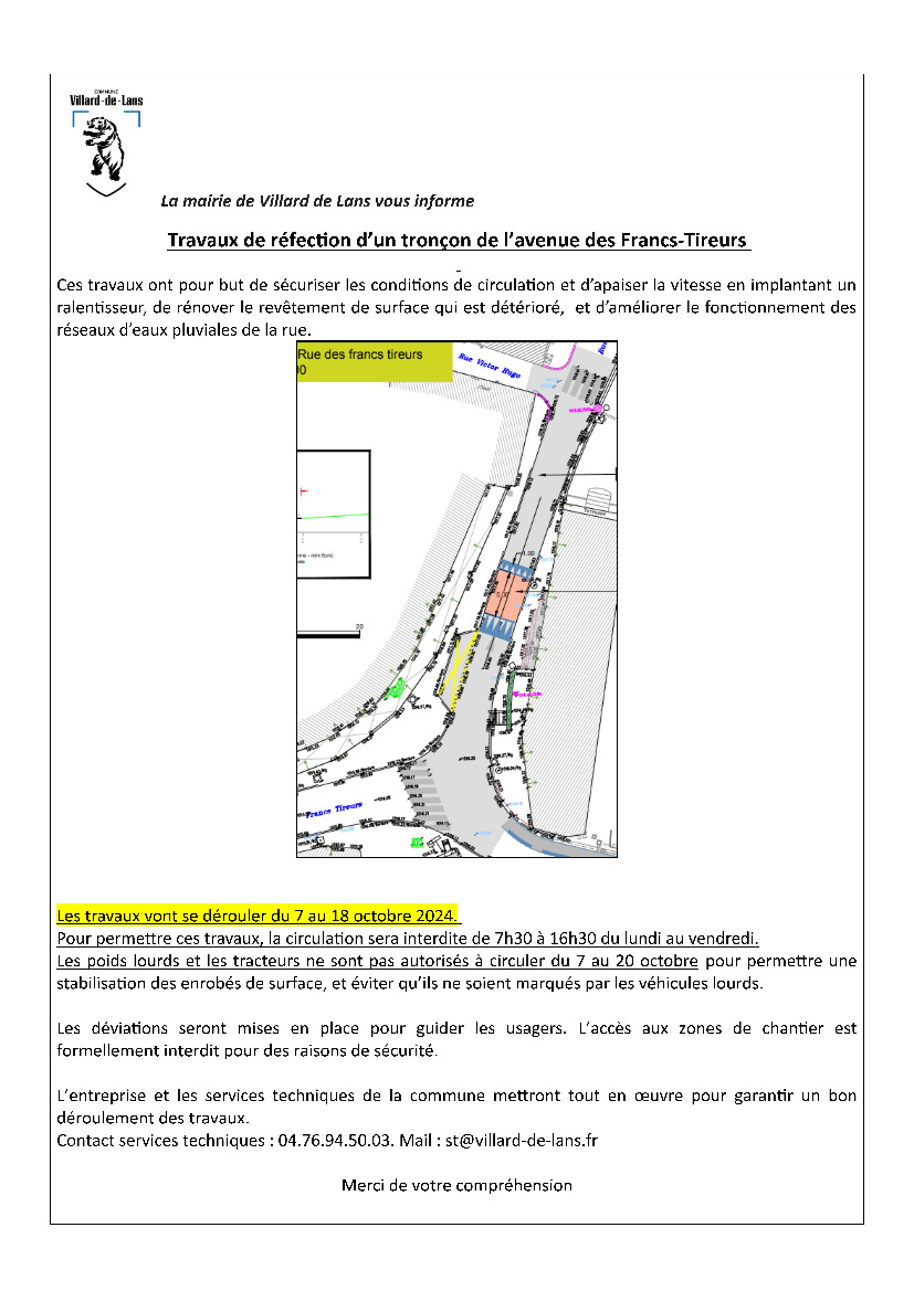 COUPURE DE LA ROUTE - TRAVAUX AVENUE DES FRANCS TIREURS