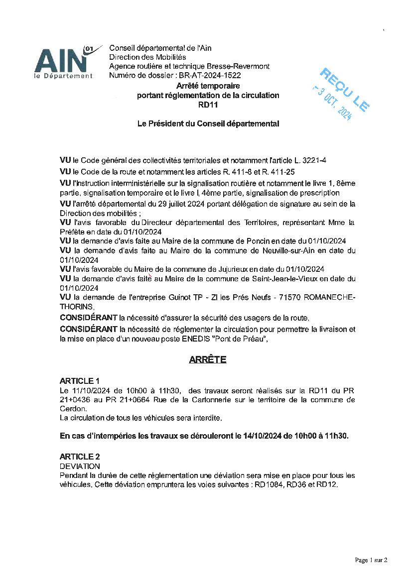 FERMETURE TEMPORAIRE DE LA ROUTE RD11 LE  11 OCTOBRE