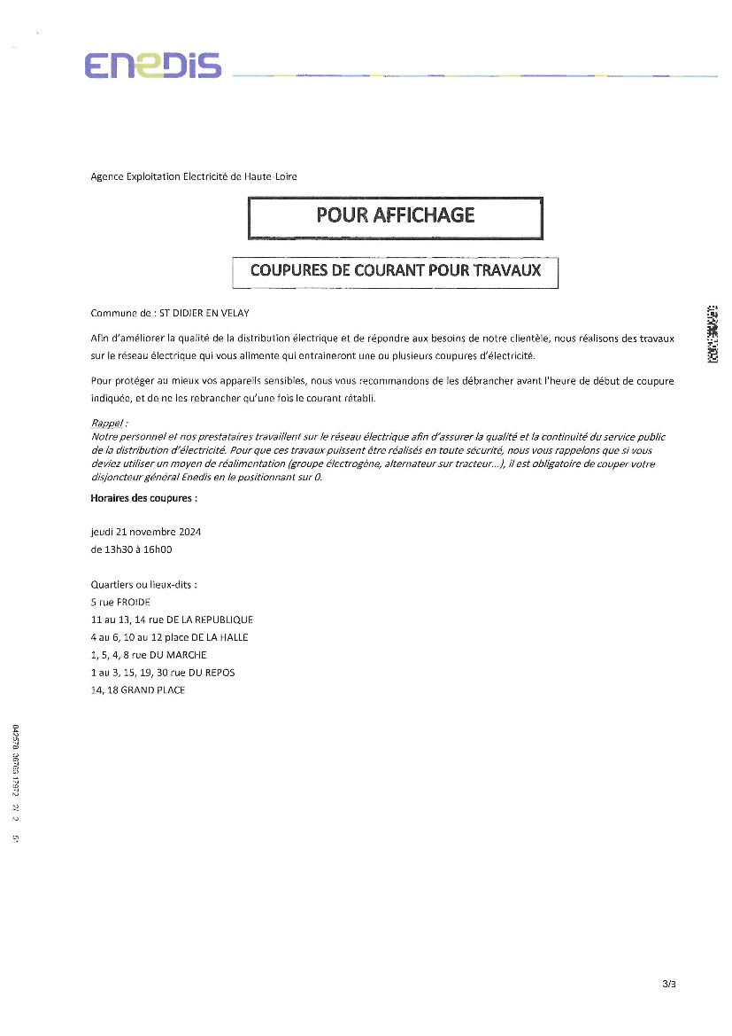 Coupures de courant pour travaux le 21/11 de 13h30 à 16h