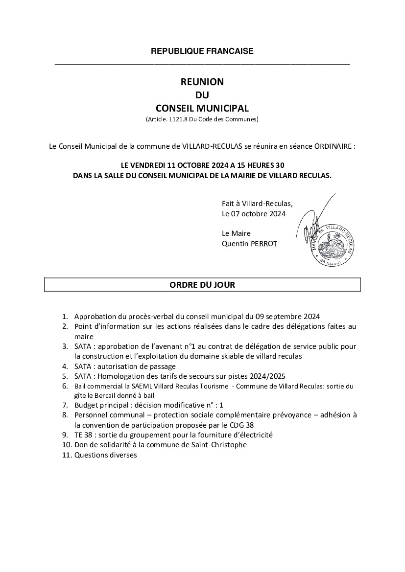 Ordre du jour - Conseil municipal du 11 octobre 2024