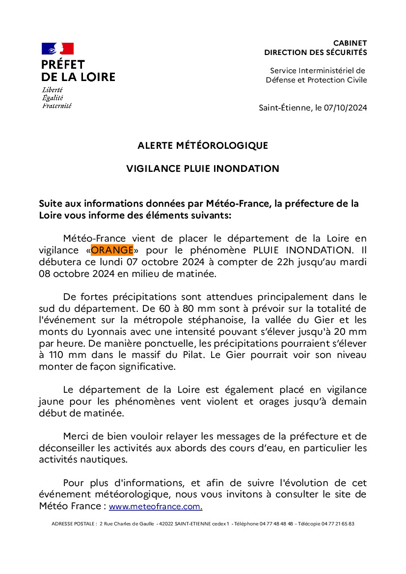 Vigilance ORANGE -Pluie Inondation -LOIRE-