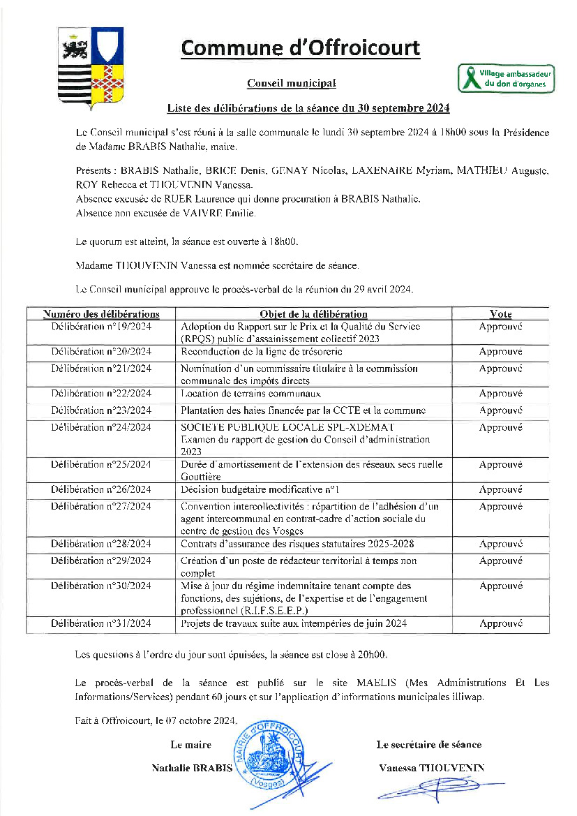 Compte-rendu du Conseil municipal du 30 septembre 2024