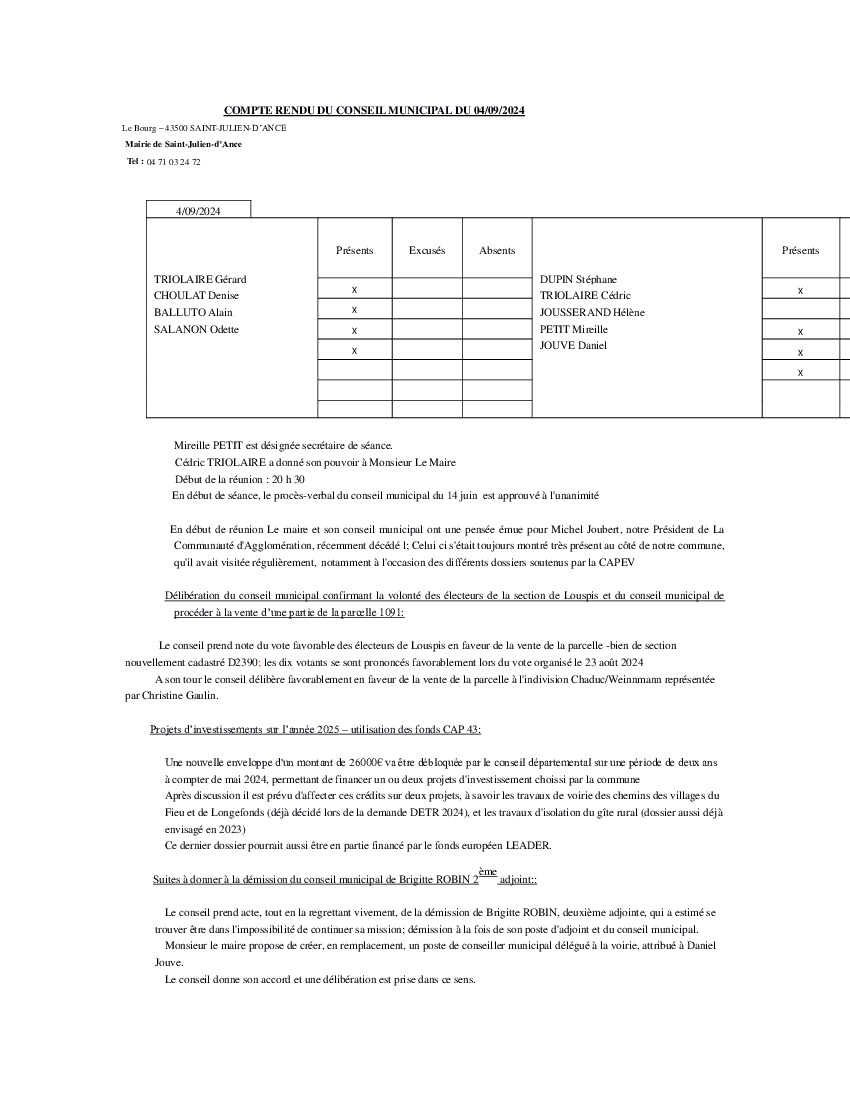 Compte rendu du conseil municipal du 4 septembre 2024