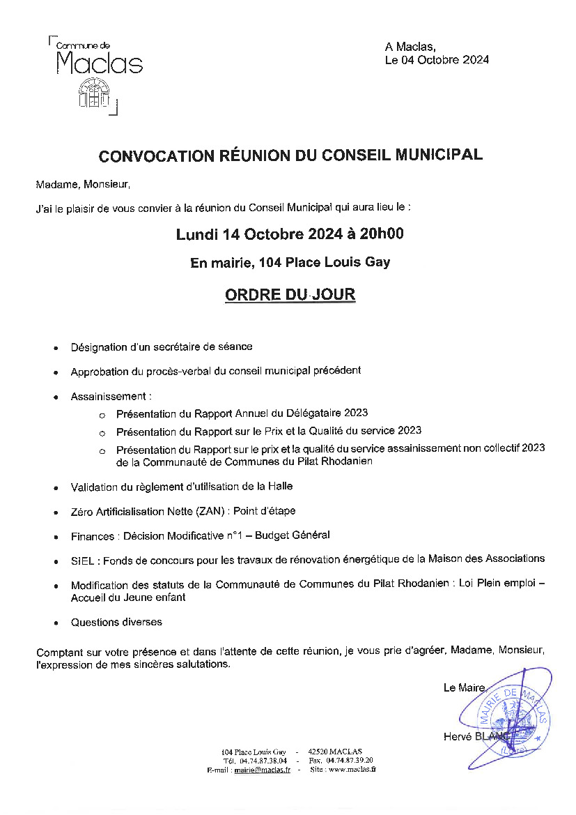 CONSEIL MUNICIPAL - Lundi 14 Octobre 2024