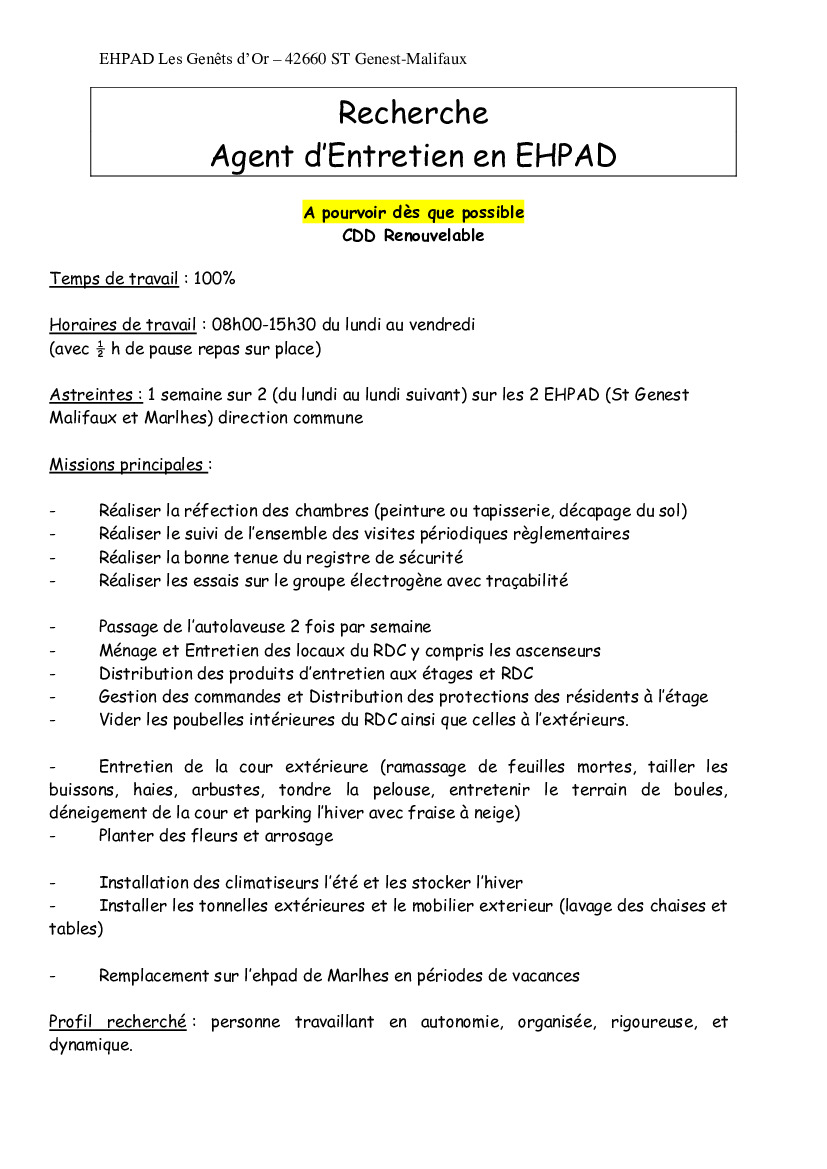 Offre d'emploi : Agent d’Entretien en EHPAD