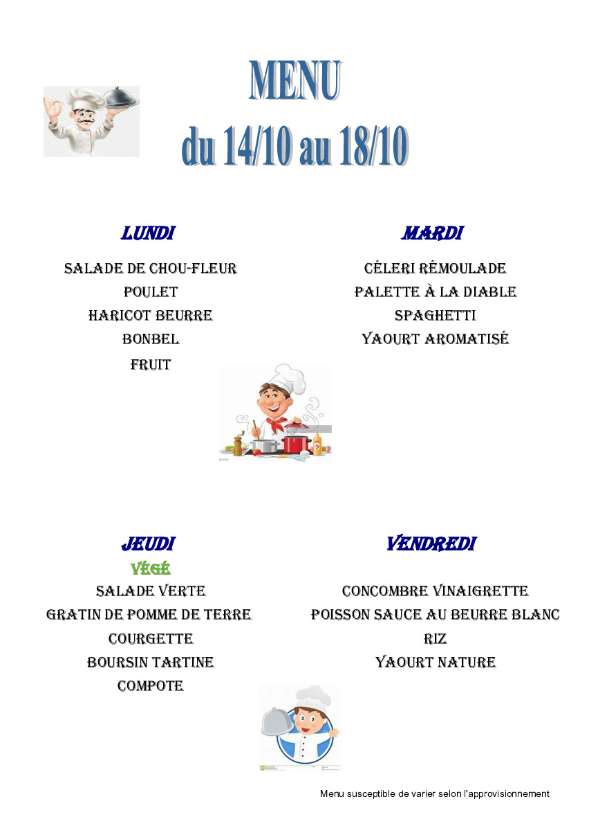 Menu de la cantine scolaire du 14/10 au 18/10/2024