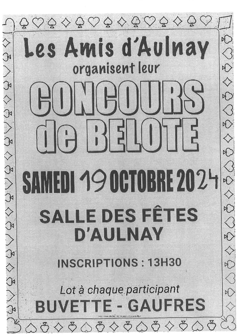 CONCOURS DE BELOTE LE SAMEDI 19 OCTOBRE A AULNAY SUR MARNE