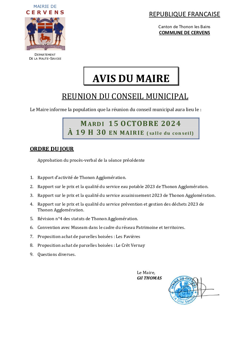 Réunion du conseil municipal mardi 15 octobre