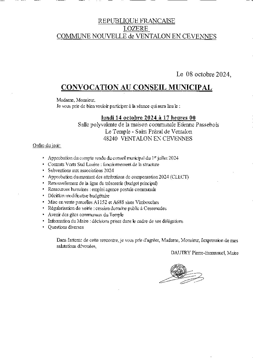 Conseil municipal le lundi 14 octobre 2024