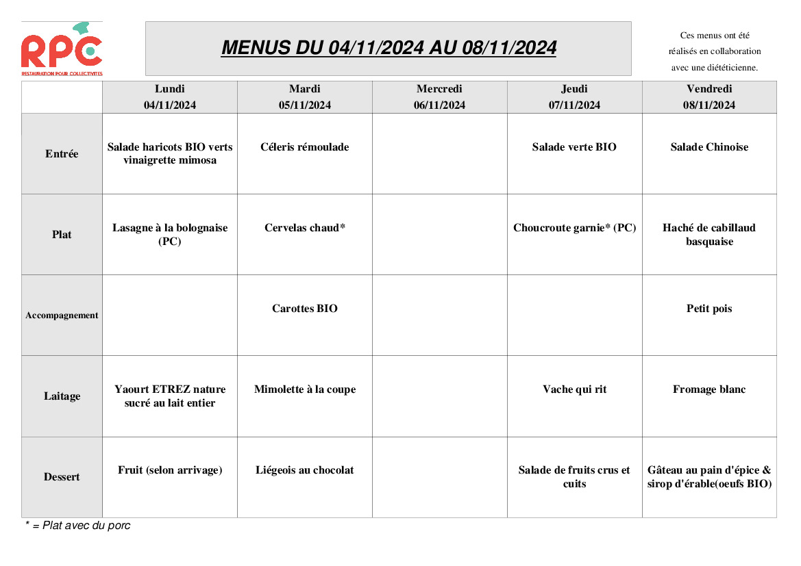 MENU CANTINE ECOLE DU 4 AU 8 NOVEMBRE