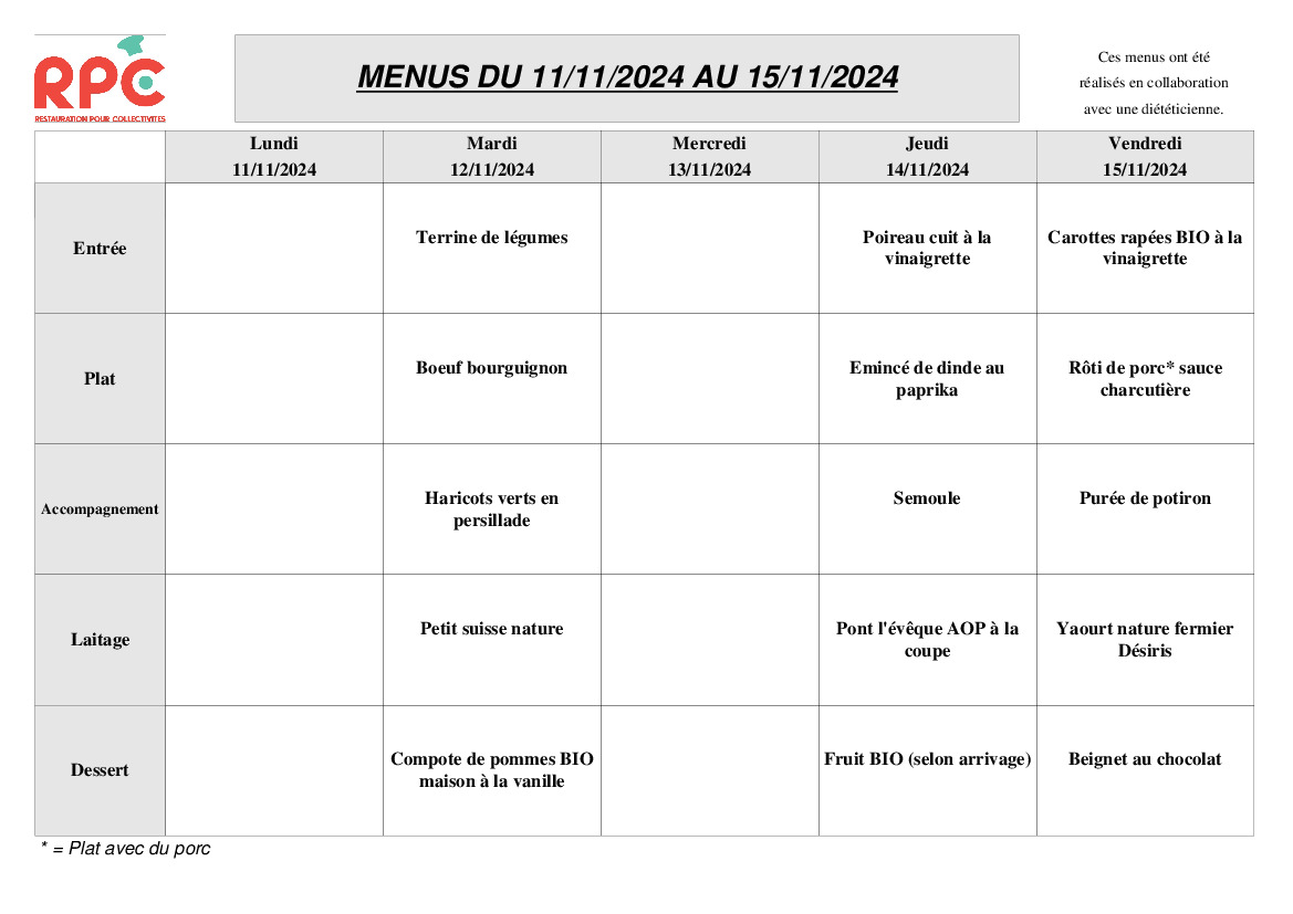 MENU CANTINE DU 12 AU 15 NOVEMBRE