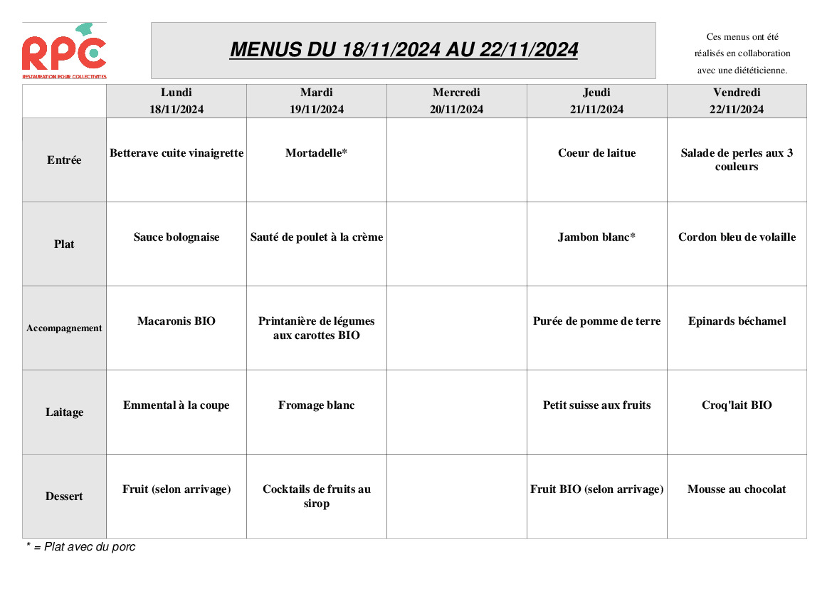 MENU CANTINE DU 18 AU 22 NOVEMBRE