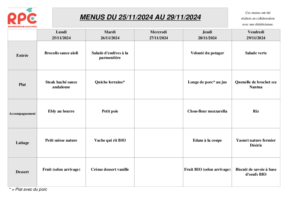 MENU CANTINE DU 25 AU 29 NOVEMBRE