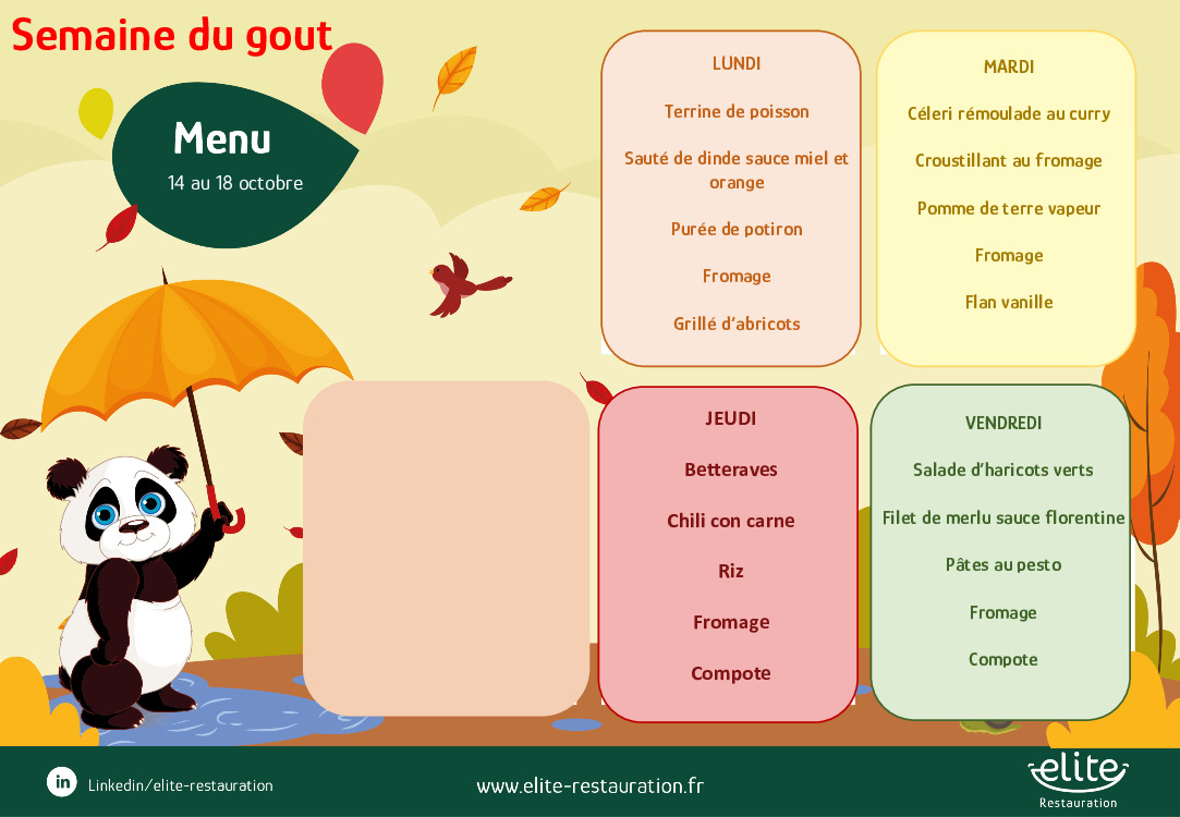 Menu cantine du 14 au 18 octobre 2024