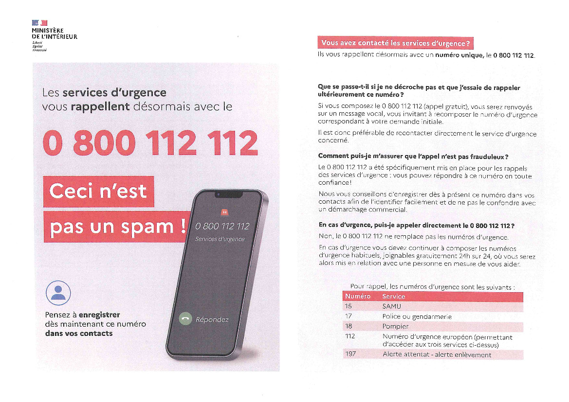 COMMUNIQUÉ NUMERO DE RAPPEL SERVICE URGENCE