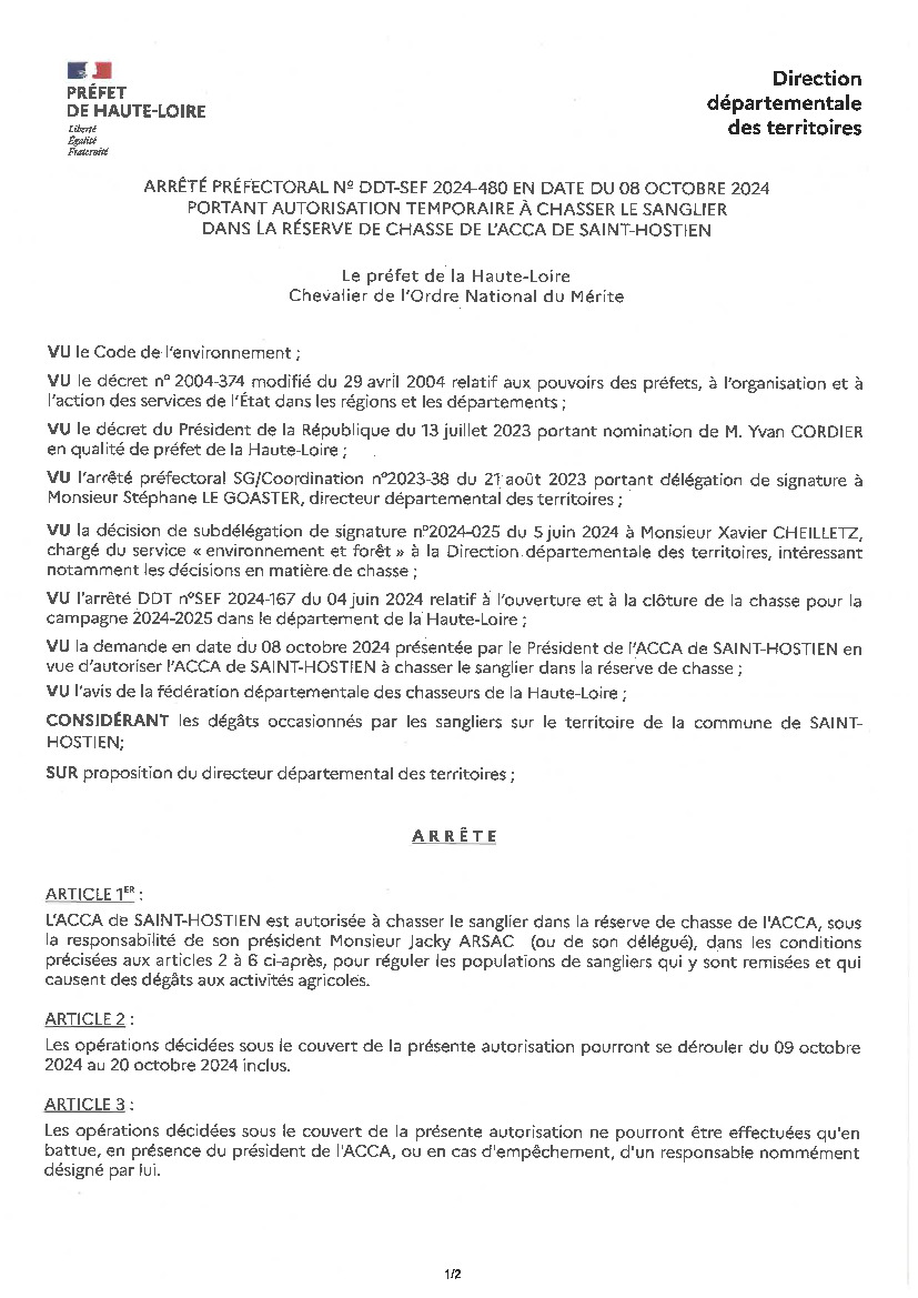 Autorisation chasse du sanglier en réserve - ACCA ST-HOSTIEN