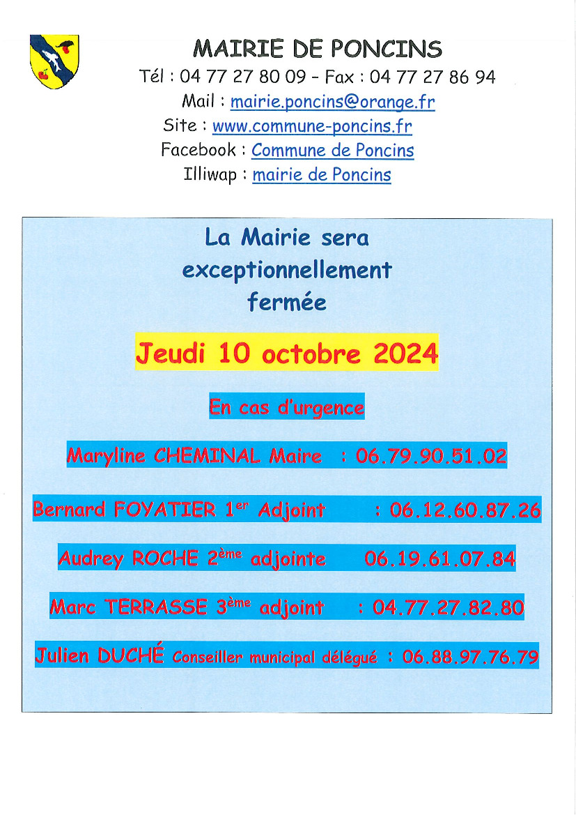 Fermeture de la Mairie le jeudi 10 octobre