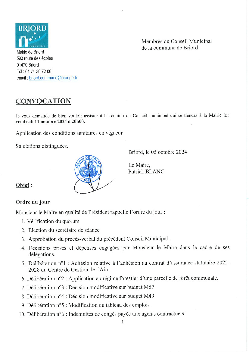 Réunion du conseil municipal du 11 octobre 2024