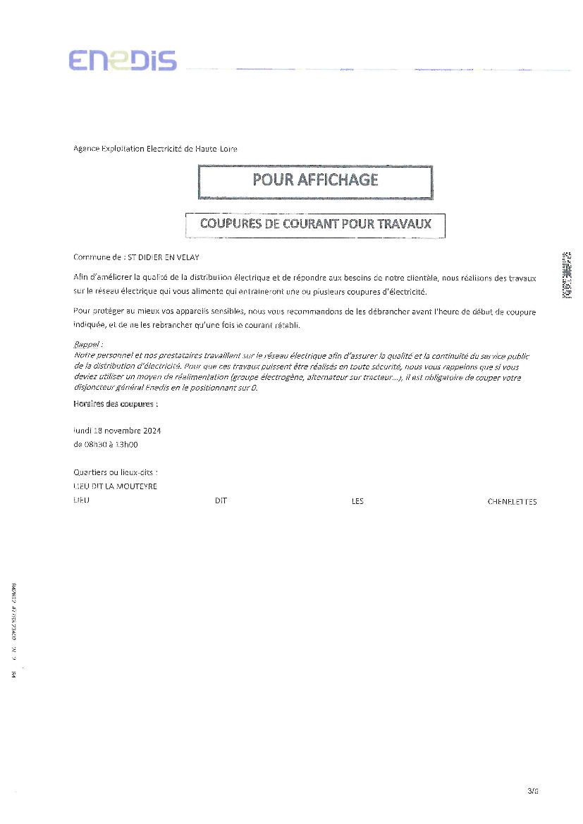 Coupures de courant pour travaux le 18/11 de 8h30 à 13h