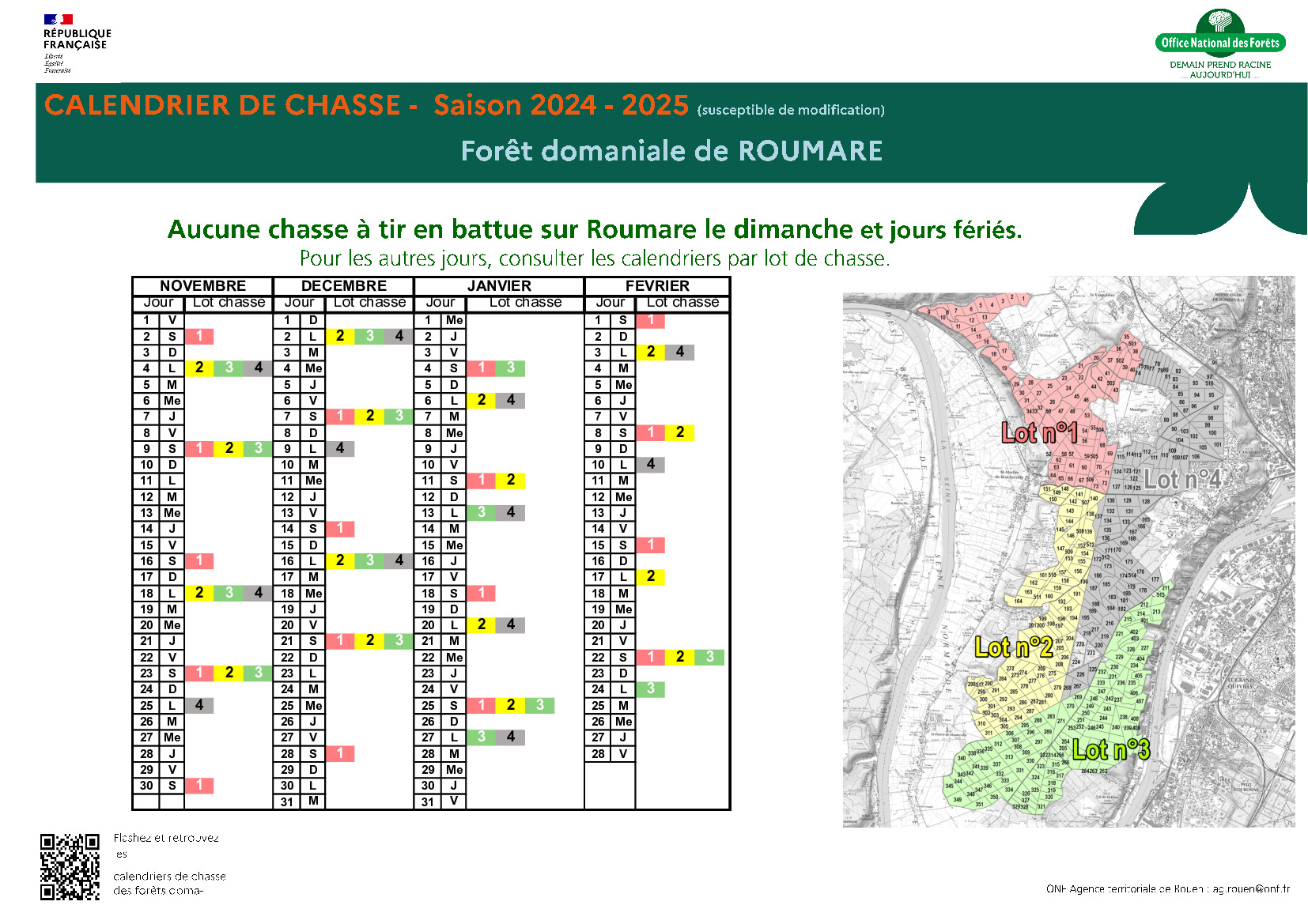 ONF - calendrier de chasse en forêt de Roumare 2024-2025