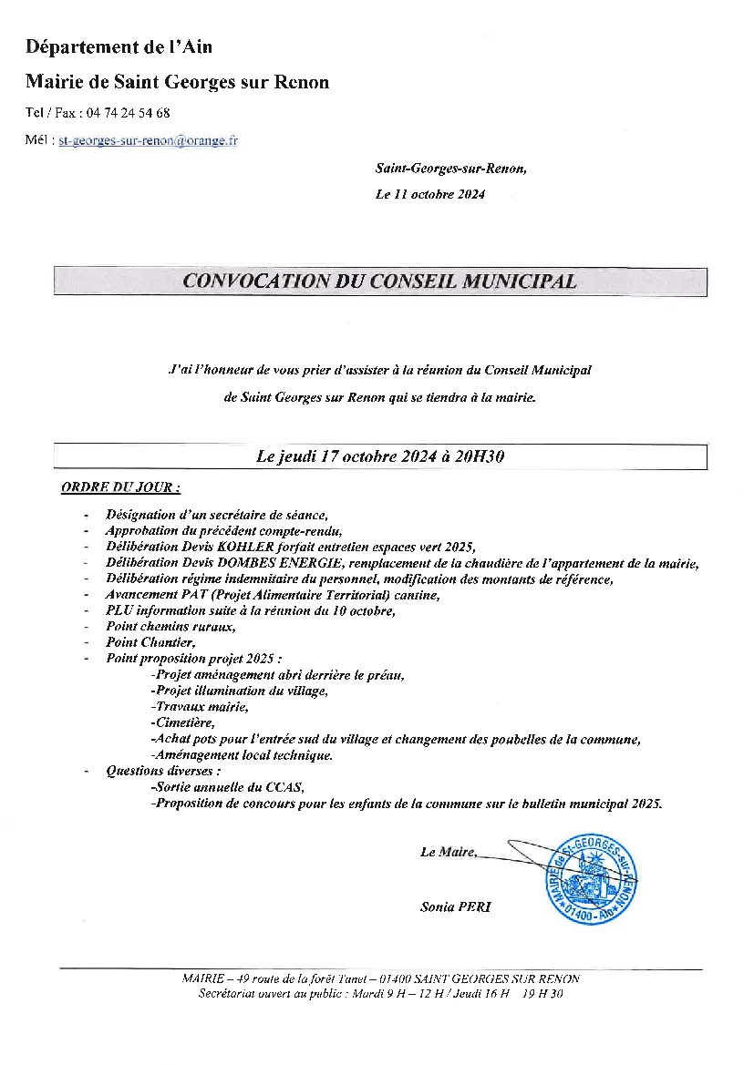 CONVOCATION CONSEIL MUNICIPAL DU 17 OCTOBRE 2024