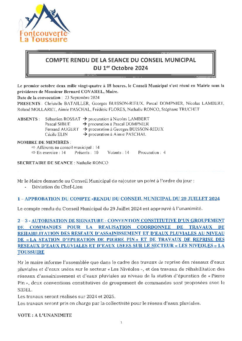 COMPTE RENDU - CONSEIL MUNICIPAL DU 1ER OCTOBRE 2024