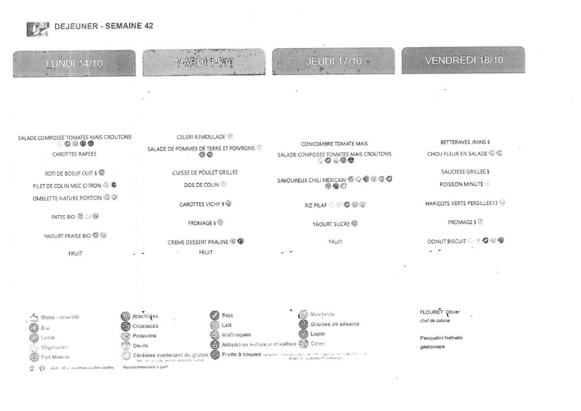 Menus de la cantine - Semaine 42 - RPI