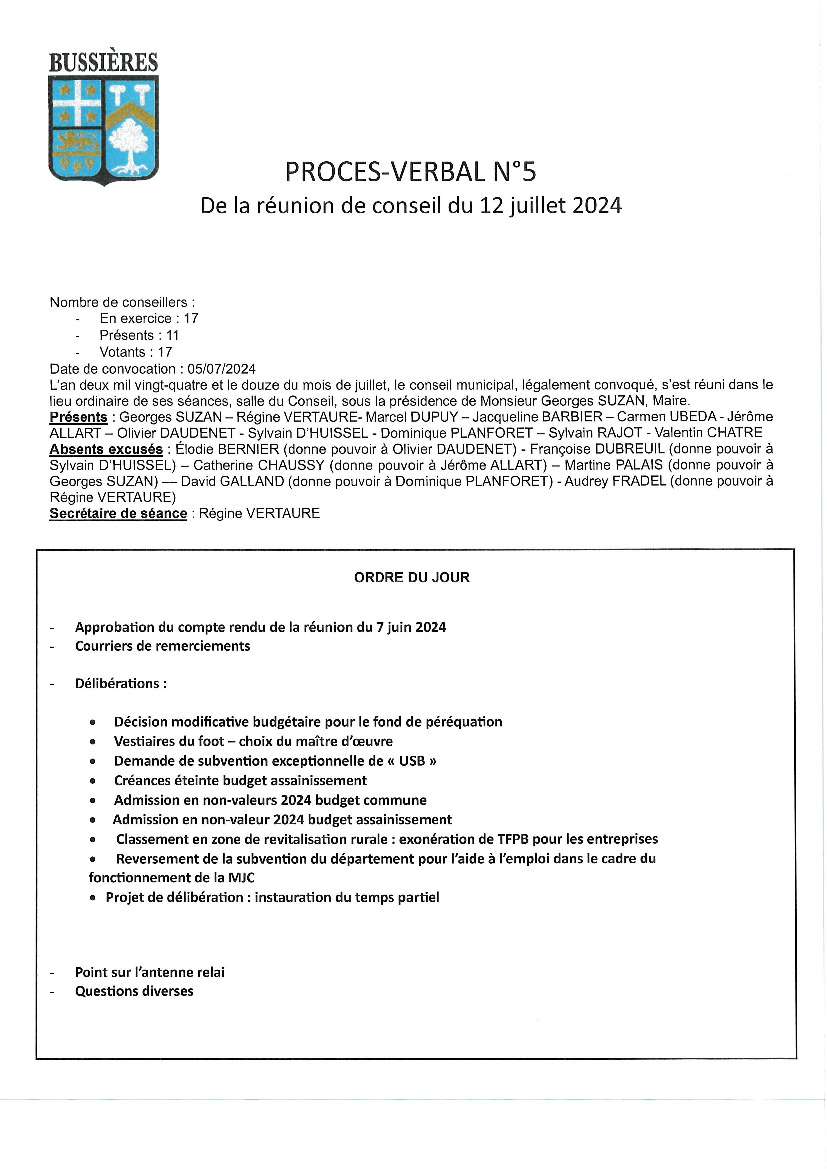 PV de la réunion de Conseil Municipal du 12 juillet 2024