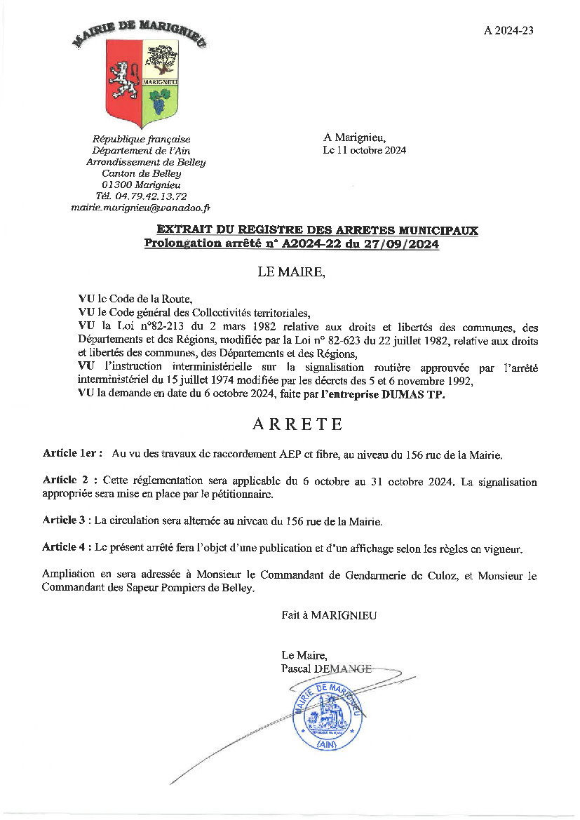 Arrêté municipal de restriction de circulation à MARIGNIEU