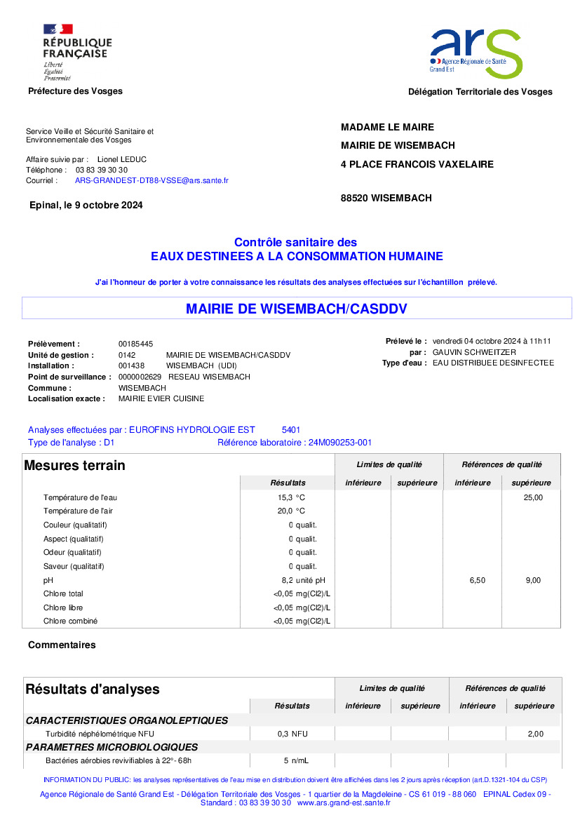 Contrôle sanitaire - Transmission d'un bulletin de résultat