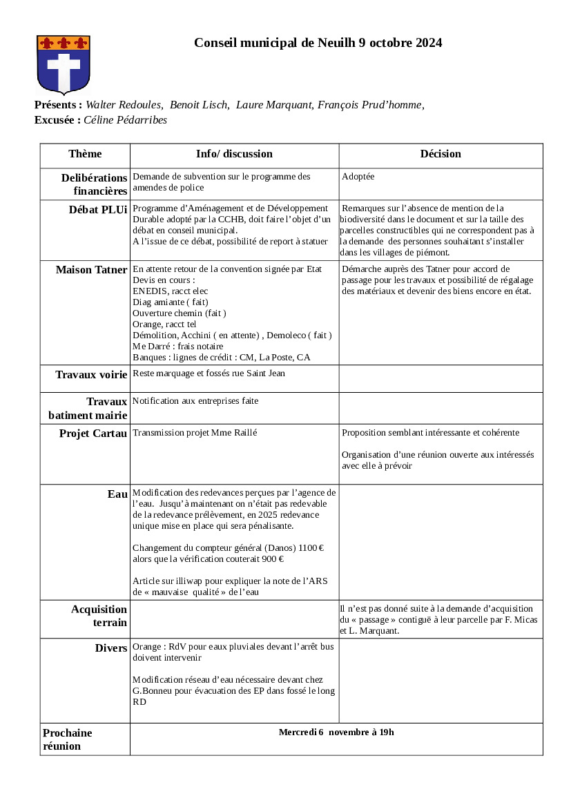 compte rendu conseil municipal  9 octobre