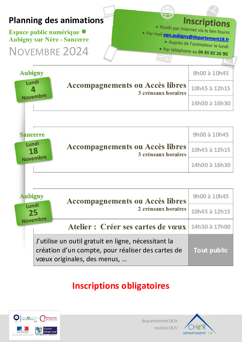 Planning Espace Public Numérique novembre 2024