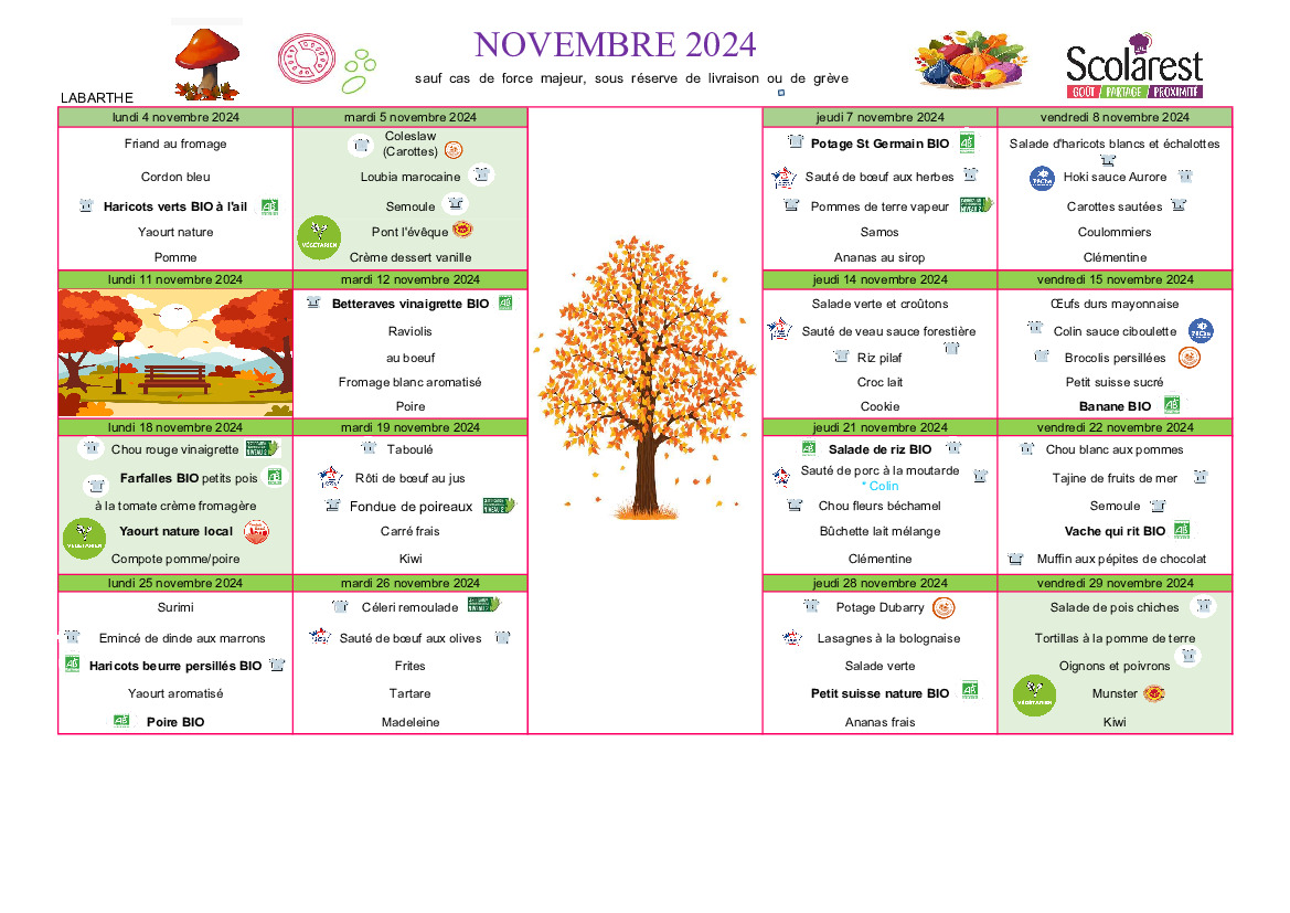 MENU CANTINE SCOLAIRE NOVEMBRE 2024