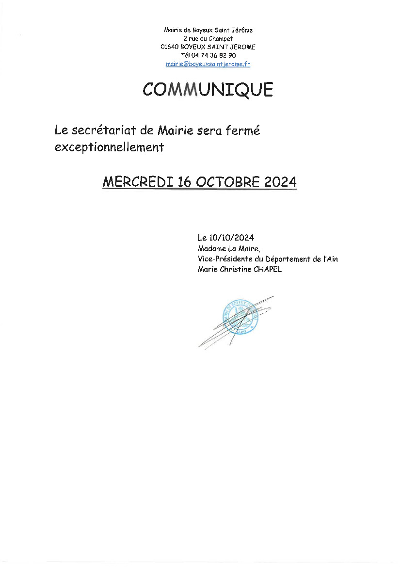 FERMETURE DU SECRETARIAT DE MAIRIE LE 16 OCTOBRE (JOURNEE)