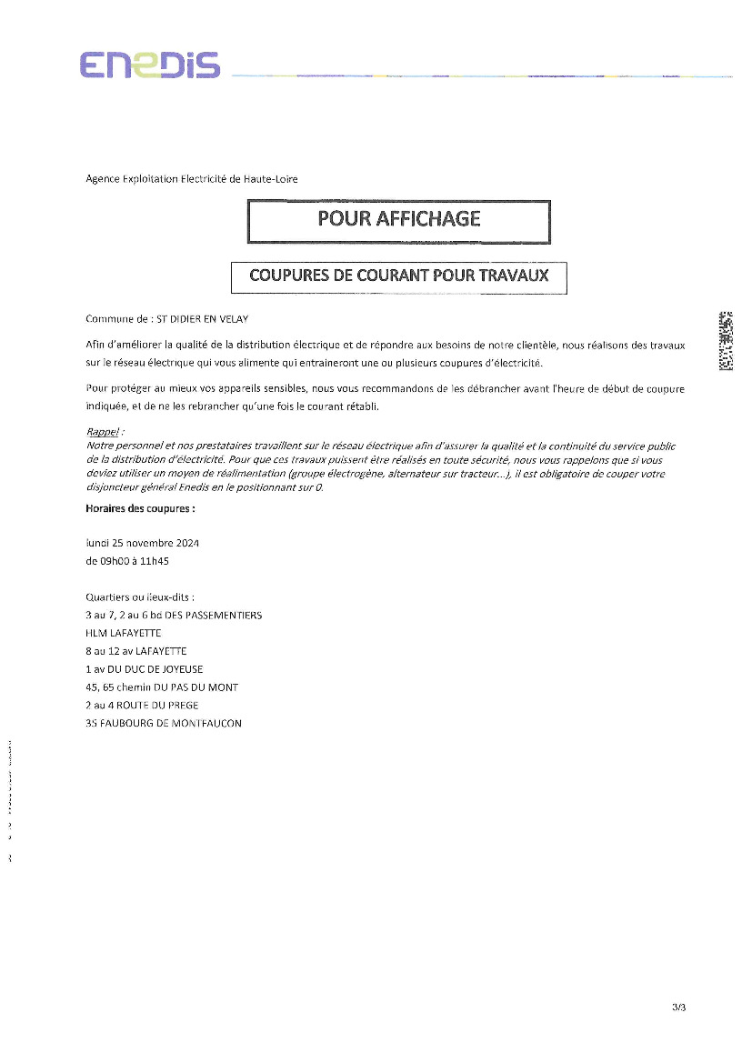 Coupures de courant pour travaux le 25/11 de 9h à 11h45