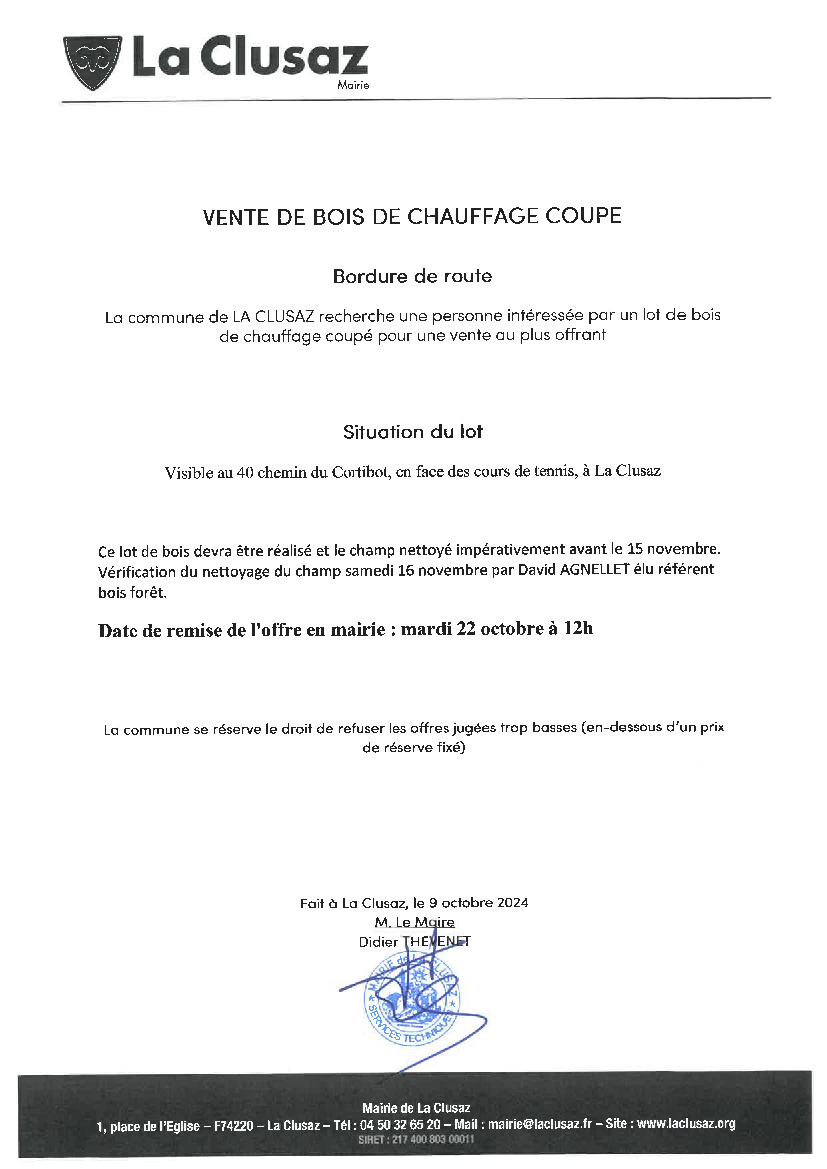 VENTE DE BOIS DE CHAUFFAGE COUPE - date de remise au 22/10