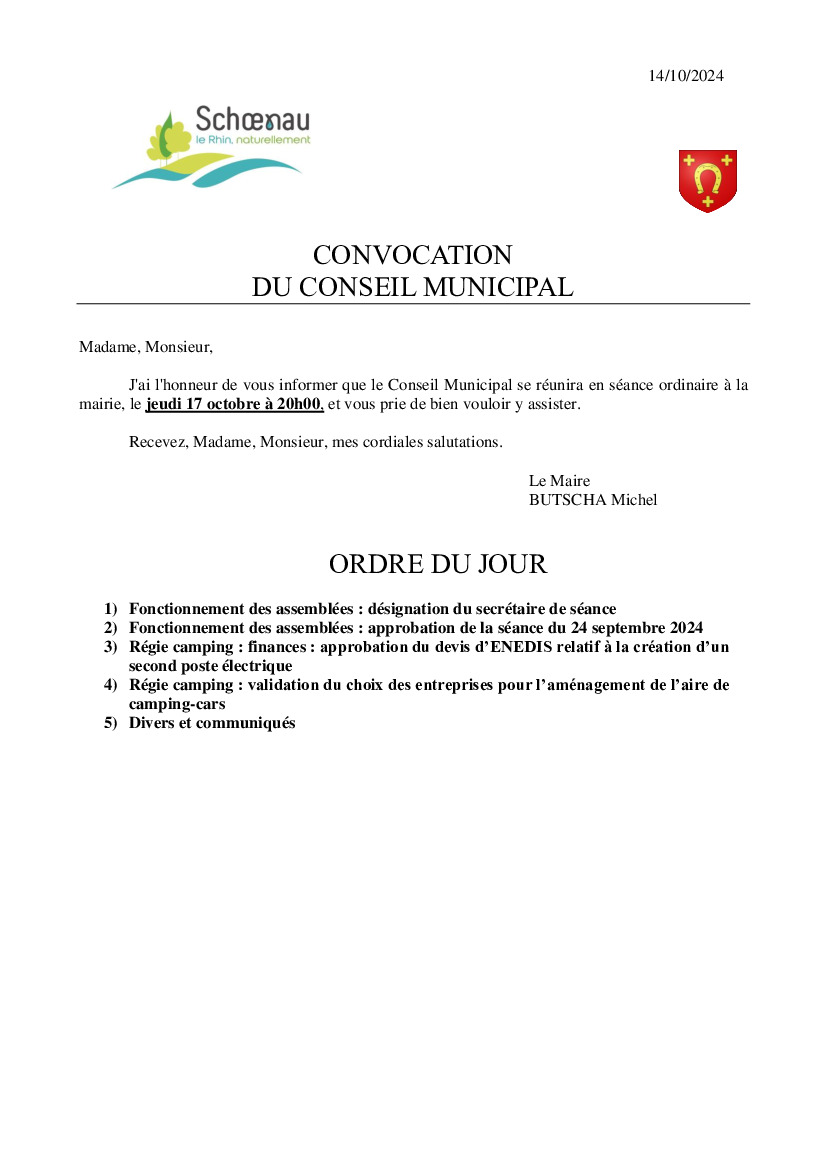 Conseil municipal du 17 octobre à 20h00