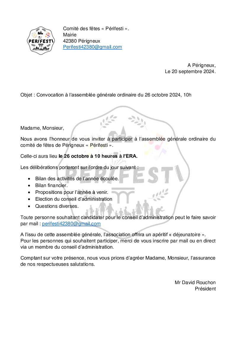 Assemblée générale de PériFesti le 26 octobre à 10h