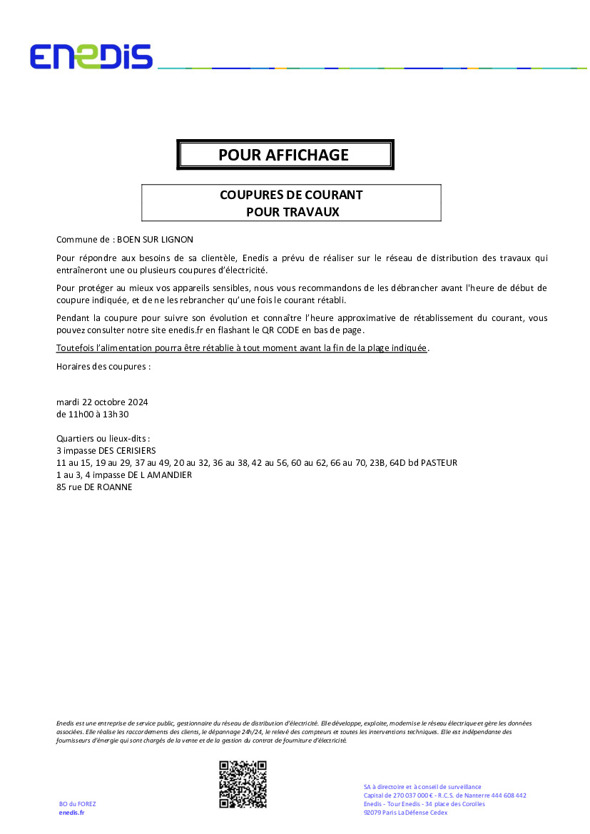 Information : Coupure de courant pour travaux