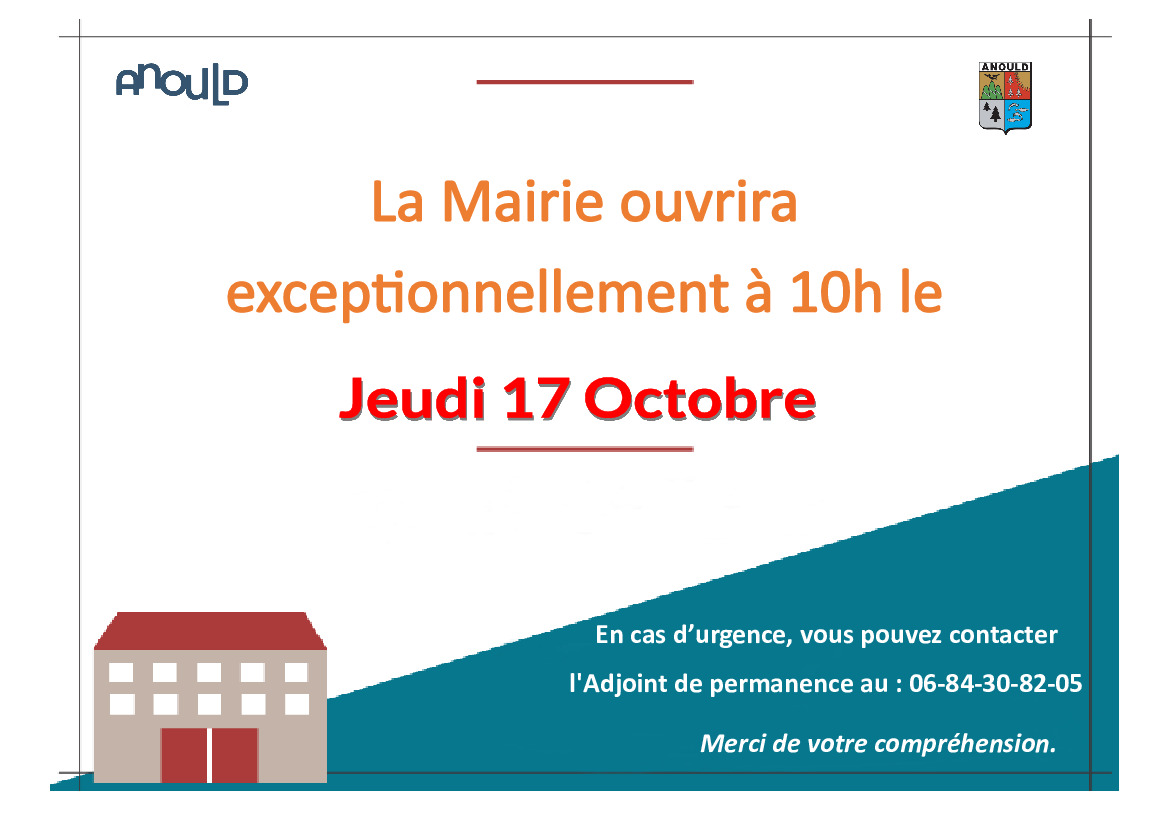 Ouverture Mairie Jeudi 17 octobre