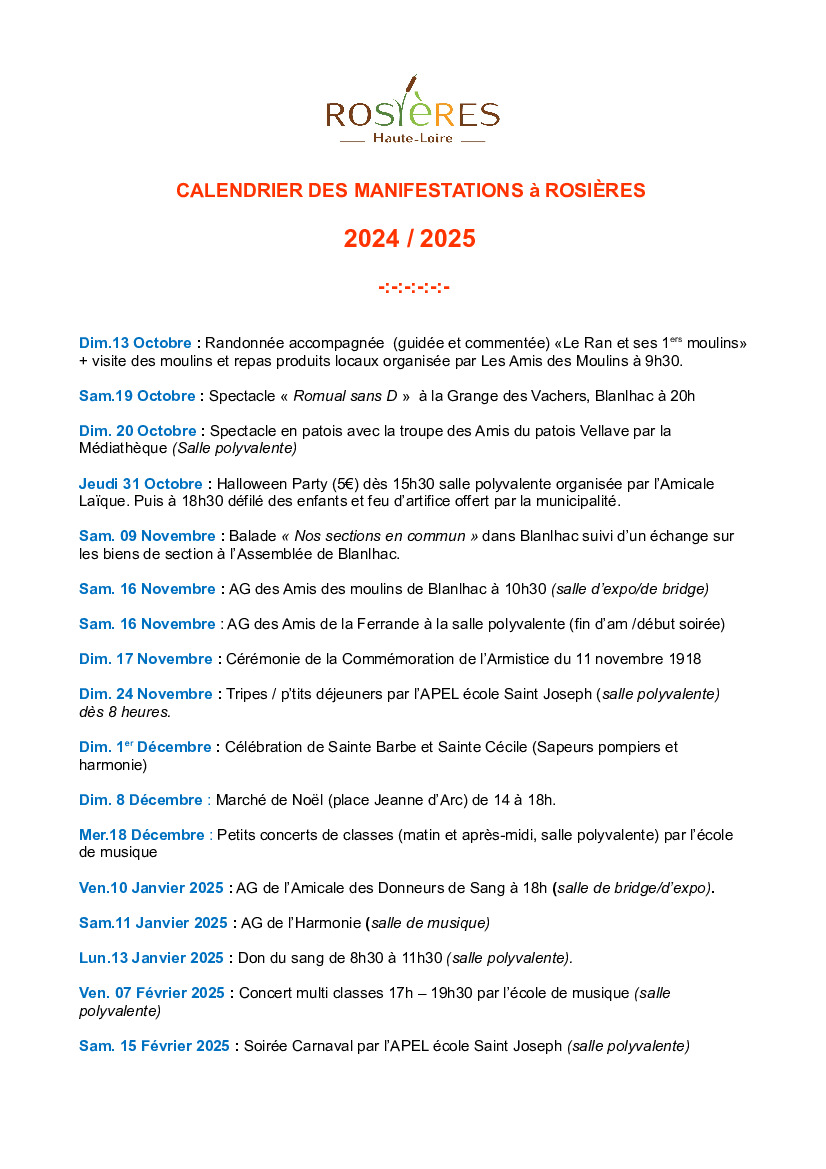 Le calendrier 2024/2025 des manifestations à Rosières