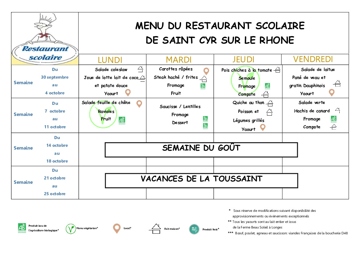 MENU OCTOBRE 2024